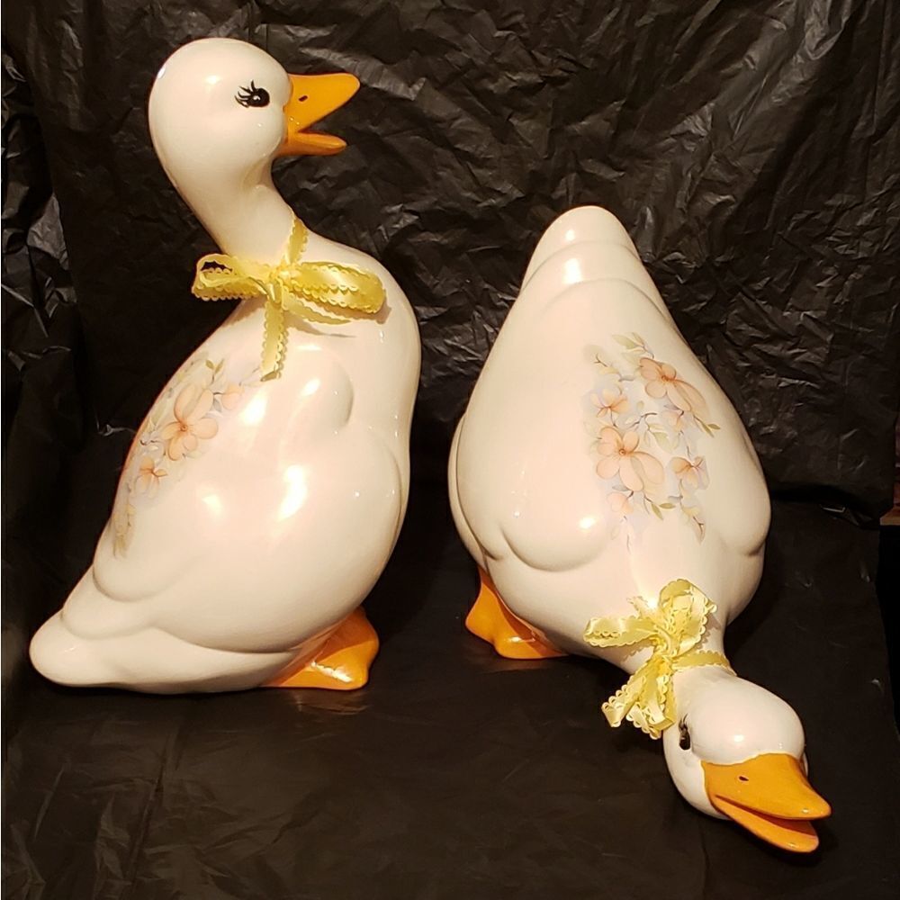 Vintage Pair of Large Porcelain Ducks w/Floral Design